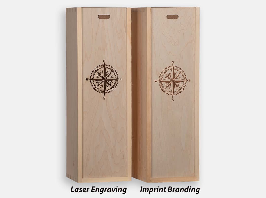 Imprint branding is created with a 20 ton heated press for a deboss image which is generally for larger volume or repeat projects. Laser engraving is used for smaller, one time runs or on top of water based stain for a reverse image.