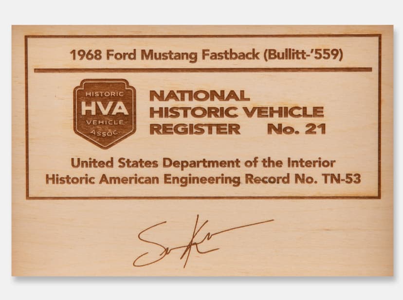 Close-up of fine laser-engraved text, the HVA logo and a signature on the 1968 Ford Mustang Bullitt box lid