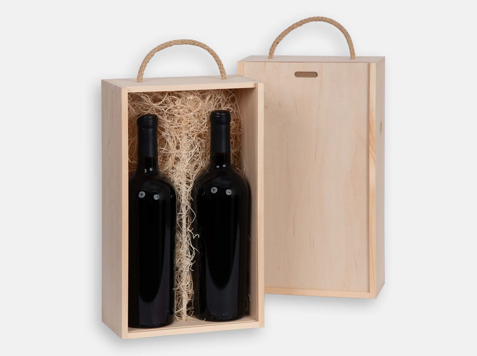 Standard wooden gift box for two wine bottles. Braided natural Jute handle. Box joint construction with removable divider. Wood excelsior cushioning included. Customization with laser engraving or wood imprint branding for corporate promotion. Made in Canada.