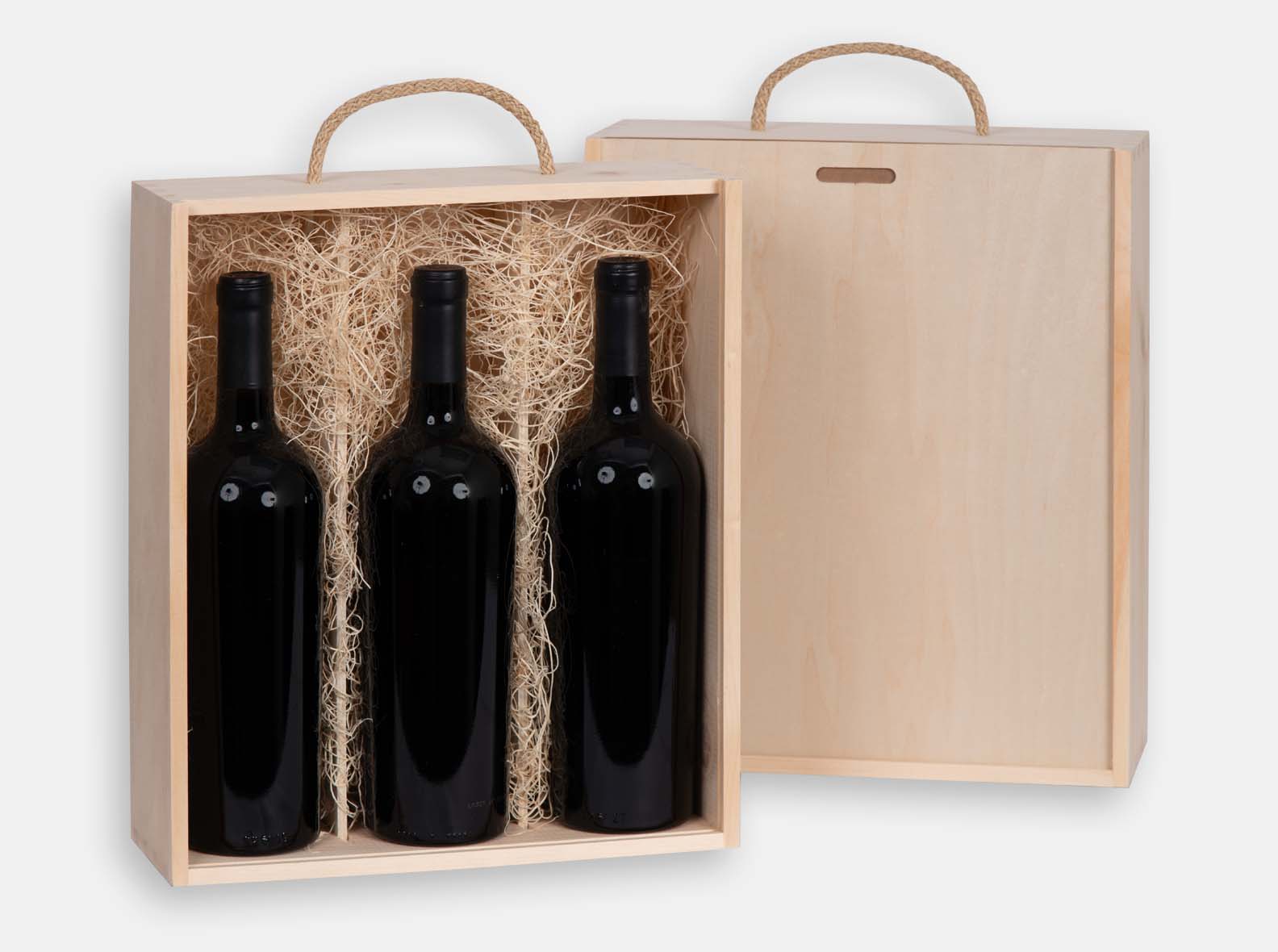 Wooden gift box with sliding lid for 3 wine bottles or spirits bottles. Box joint construction and braided natural jute handle. Wood excelsior and removable dividers included. Wood imprint logo branding or laser engraving for corporate promotion. Made in Canada.