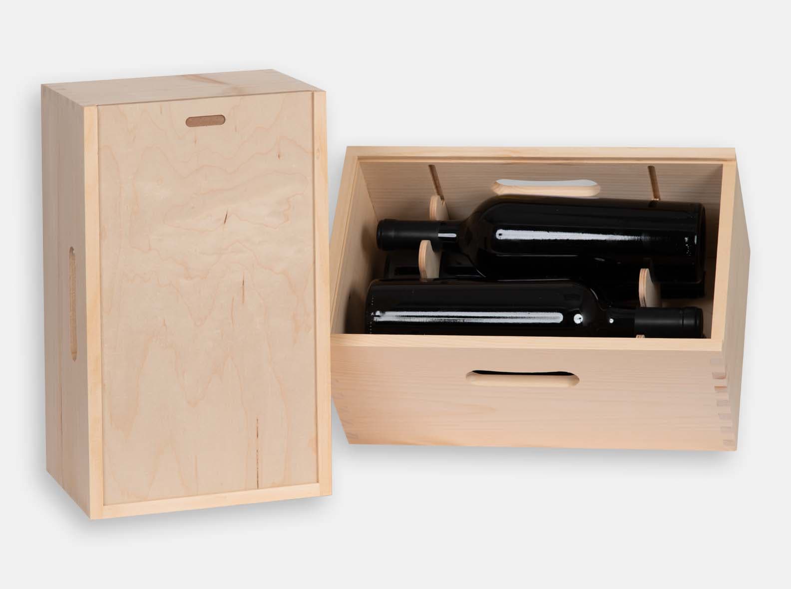 Wooden gift box with sliding lid for 4 wine bottles. Removable yokes. Handles cut by CNC. Box joint construction. Wood imprint logo branding or laser engraving for corporate promotion. Made in Canada.