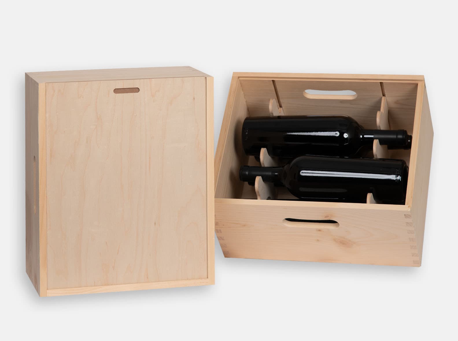 Wooden gift box with sliding lid for 5 wine bottles. Removable yokes. Handles cut by CNC. Box joint construction. Wood imprint logo branding or laser engraving for corporate promotion. Made in Canada.