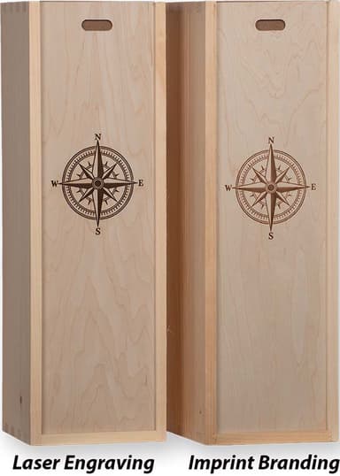 Two wine boxes with the same compass design, one laser engraved and one imprint branded