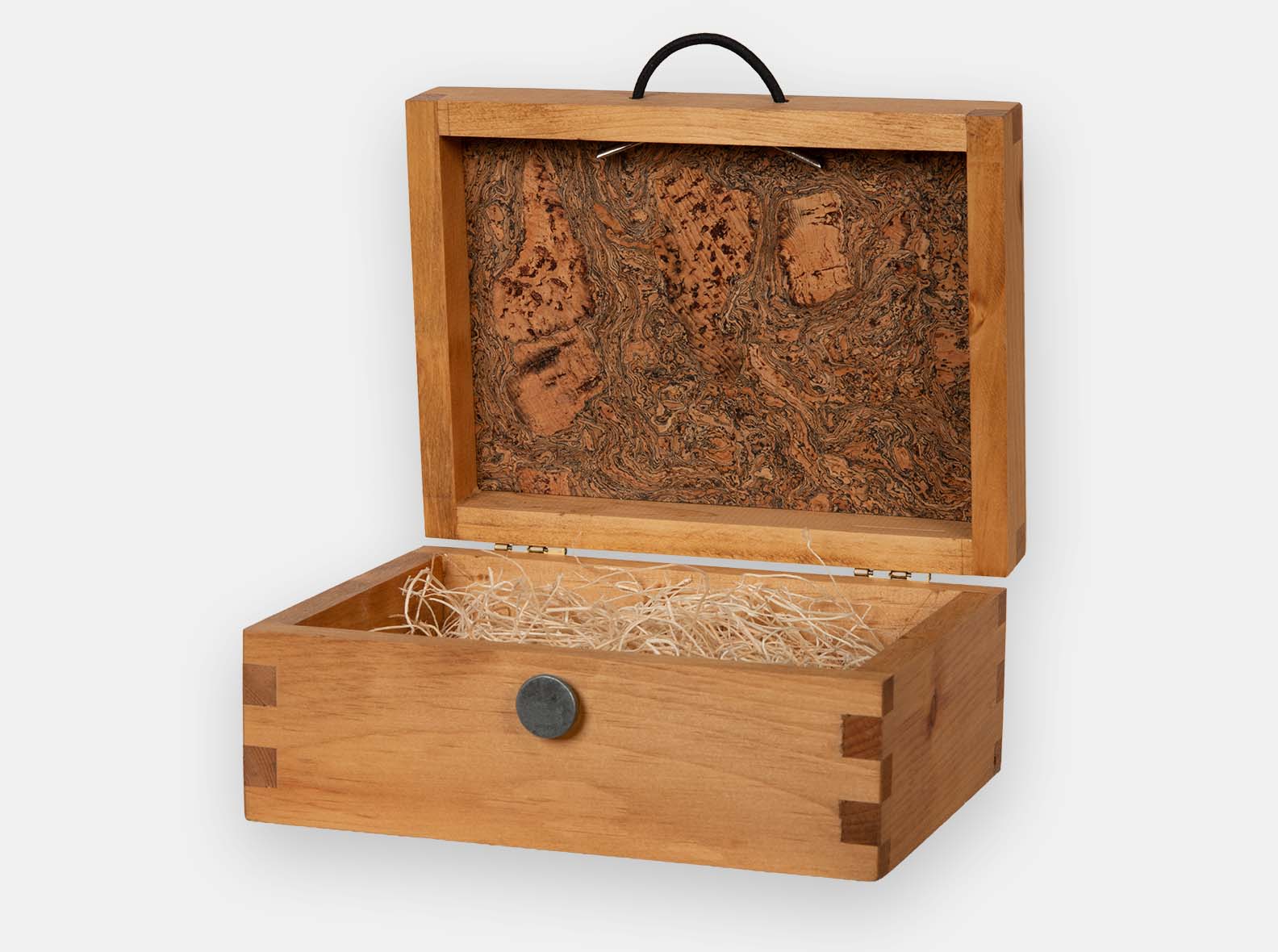 Open hinged-lid pine wine box with a cork inlay in the lid, box-joint corners and a pewter closure button