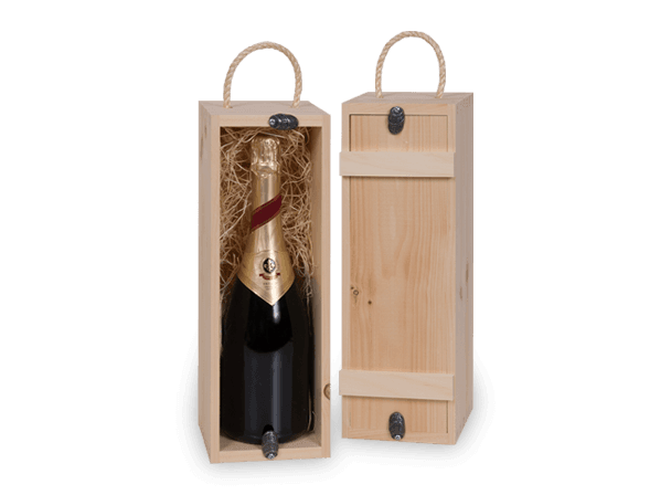 Single Champagne wood wine box or gift box with handle, inset lid and pewter twists. Box joint construction. Wood excelsior included. Wood imprint logo branding or laser engraving option for corporate promotion. Made in Canada.
