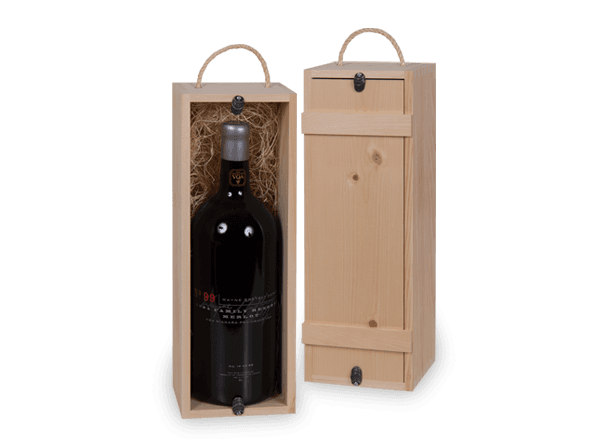 Single 3 litre wood wine box or gift box with jute handle and inset lid with pewter twists. Box joint construction. Wood excelsior included. Wood imprint logo branding or laser engraving option for corporate promotion. Made in Canada.
