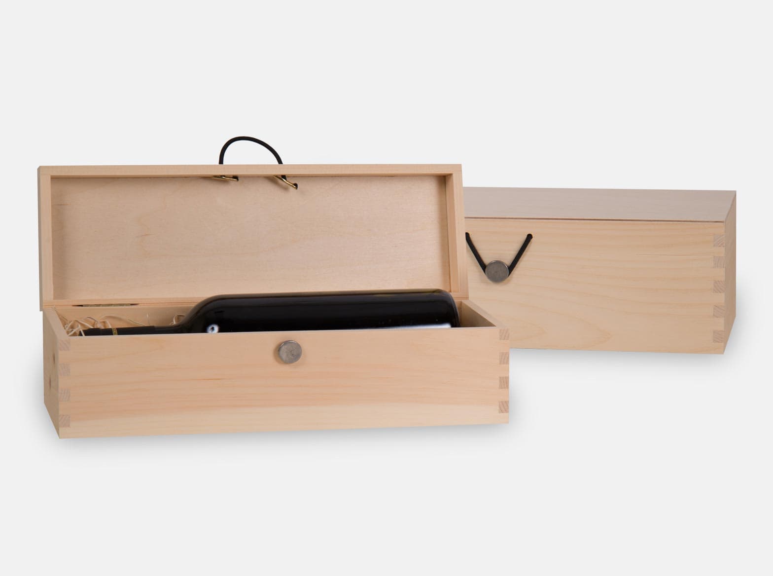 Single bottle wooden wine box or gift box with hinged lid and pewter button closure. Box joint construction. Wood excelsior included. Wood imprint logo branding or laser engraving option for corporate promotion. Made in Canada.