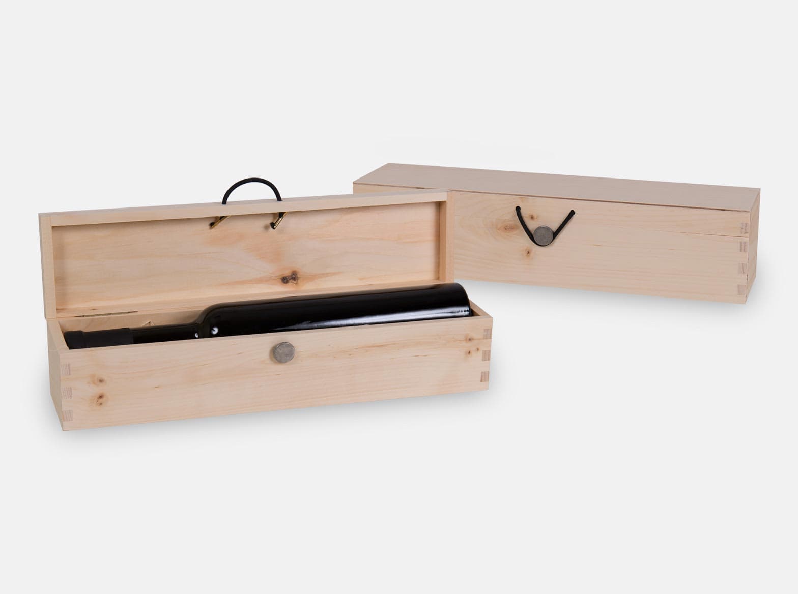 Single wooden wine box or gift box with hinged lid and pewter button closure. Box joint construction. Wood excelsior included. Wood imprint logo branding or laser engraving option for corporate promotion. Made in Canada.
