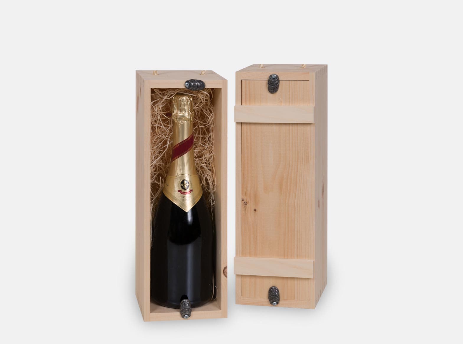 Champagne wooden wine presentation box or gift box with inset lid and pewter twists. Box joint construction. Wood excelsior included. Wood imprint logo branding or laser engraving option for corporate promotion. Made in Canada.