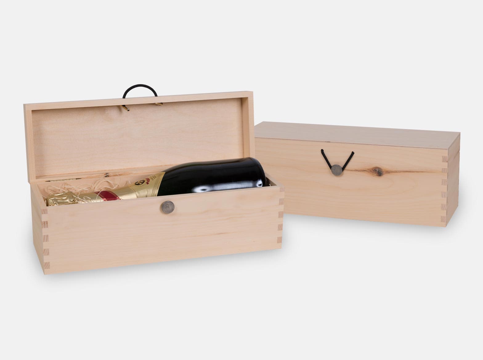 Champagne wooden wine box or gift box with hinged lid and pewter button closure. Box joint construction. Wood excelsior included. Wood imprint logo branding or laser engraving option for corporate promotion. Made in Canada.