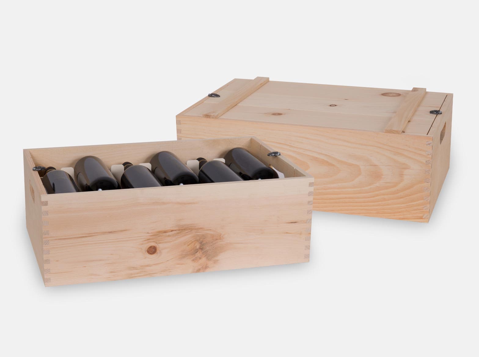 Wooden gift presentation box to hold 12 bottles of wine or for corporate custom product gifting. Inset lid with pewter barrel twists and CNC handles and removable custom yokes to hold bottles. Box joint construction. Natural pine. Laser engrave or wood imprint logo branding option. Made in Canada.