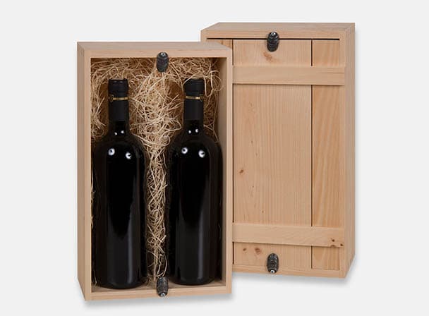 Wooden gift box with inset lid. Includes pewter barrel button closure. Holds two bottles. Removable divider and wood excelsior included. Box joint construction. Natural wood. Wood imprint logo branding or laser engraving for corporate promotion. Made in Canada.