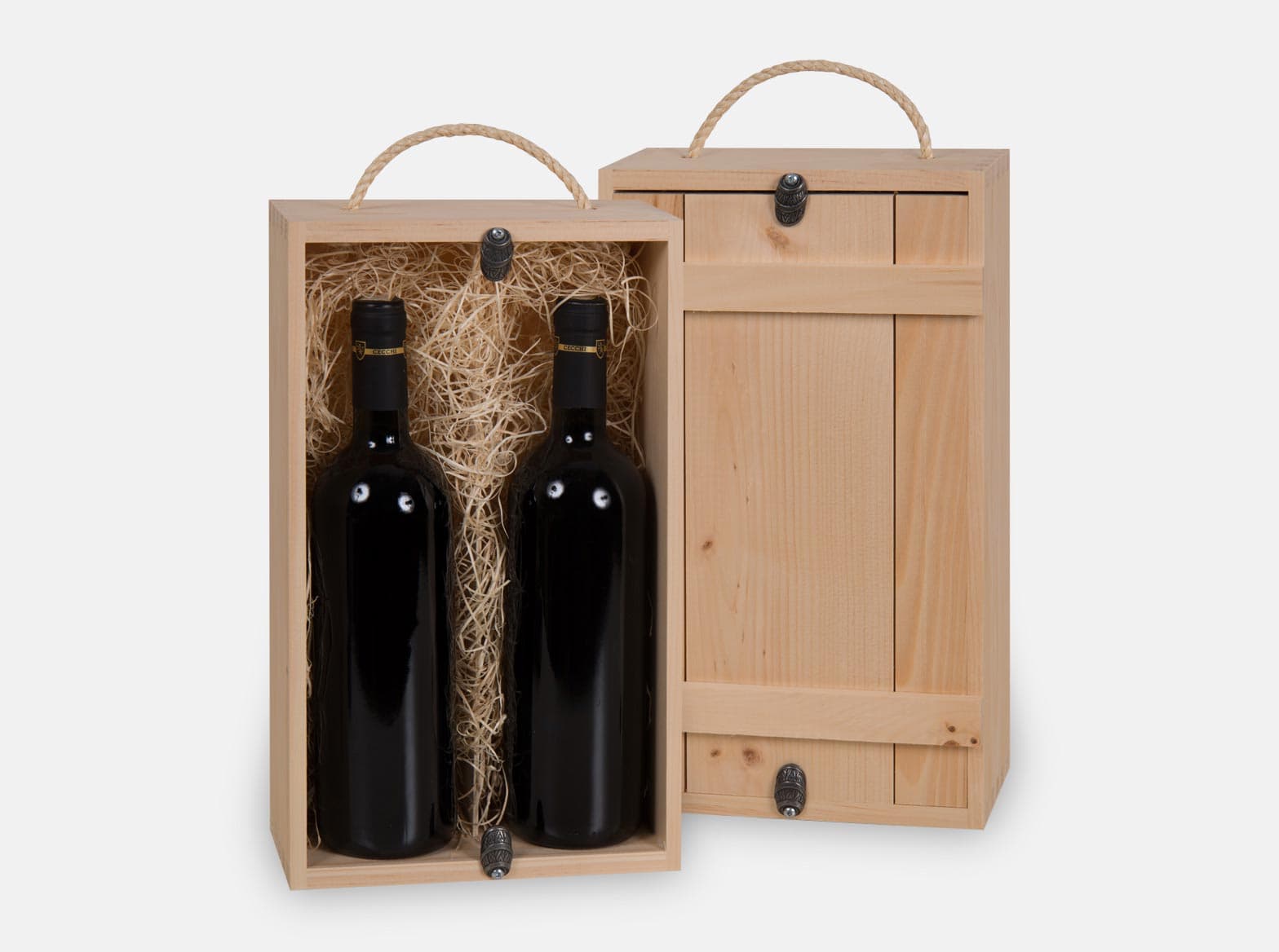 Two bottle wooden wine presentation box or gift box with inset lid and pewter barrel twists. Braided natural Jute handle and removable divider. Box joint construction. Wood excelsior included. Wood imprint logo branding or laser engraving option for corporate promotion. Made in Canada.