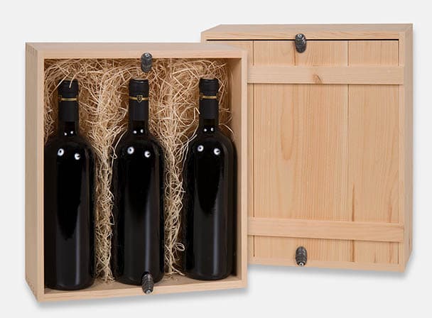 Wooden gift box with inset lid. Includes pewter barrel button closure. Holds three bottles. Removable dividers and wood excelsior included. Box joint construction. Natural wood. Wood imprint logo branding or laser engraving for corporate promotion. Made in Canada.