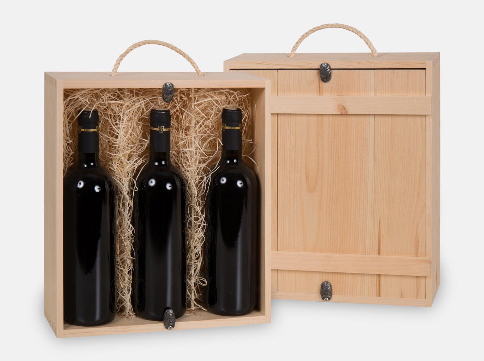 Three bottle wooden wine presentation box or gift box with inset lid and pewter barrel twists. Braided natural Jute handle and removable dividers. Box joint construction. Wood excelsior included. Wood imprint logo branding or laser engraving option for corporate promotion. Made in Canada.