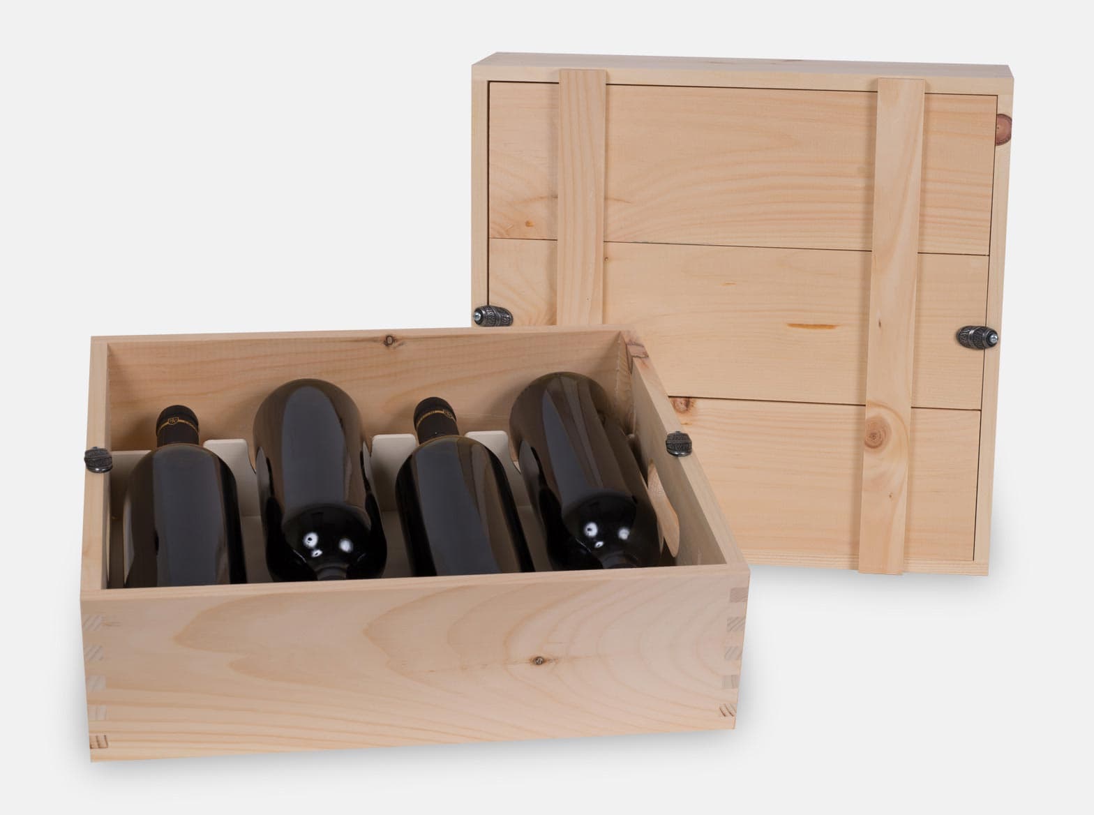 Wooden gift presentation box to hold 4 bottles of wine or for corporate or custom gifting. Inset lid with pewter barrel twists and CNC handles and removable custom yokes. Box joint construction. Natural pine. Laser engrave or wood imprint logo branding option. Made in Canada.
