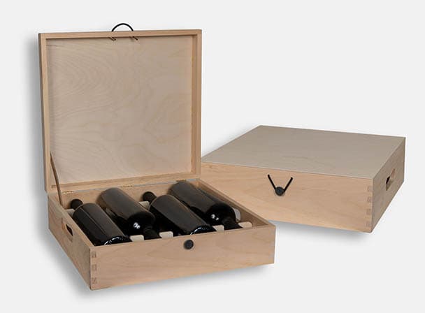 Wooden gift box with hinged lid, pewter button closure, handles and leather stay. Holds four bottles. Custom CNC yoke system. Box joint construction. Natural wood. Wood imprint logo branding or laser engraving for corporate promotion. Made in Canada.