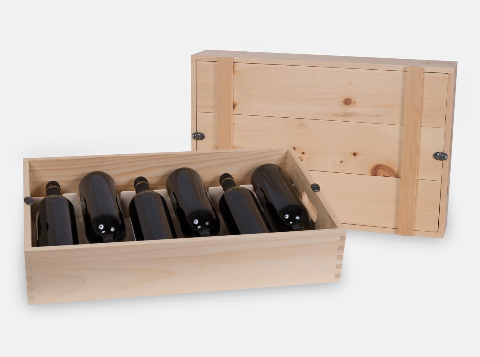 Wooden gift presentation box to hold 6 bottles of wine or for corporate or custom gifting. Inset lid with pewter barrel twists and CNC handles and removable custom yokes. Box joint construction. Natural pine. Laser engrave or wood imprint logo branding option. Made in Canada.