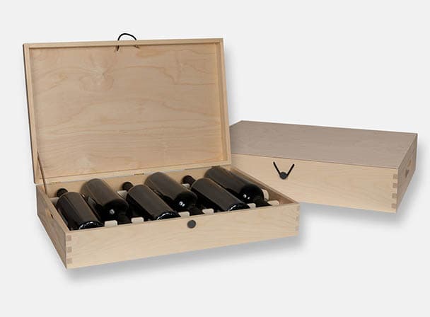 Wooden gift box with hinged lid, pewter button closure, handles and leather stay. Holds six bottles. Removable CNC yoke system. Box joint construction. Natural wood. Wood imprint logo branding or laser engraving for corporate promotion. Made in Canada.