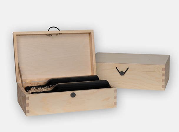 Wooden gift box with hinged lid, pewter button closure and leather stay. Holds two bottles. Box joint construction. Natural wood. Wood excelsior included. Wood imprint logo branding or laser engraving for corporate promotion. Made in Canada.