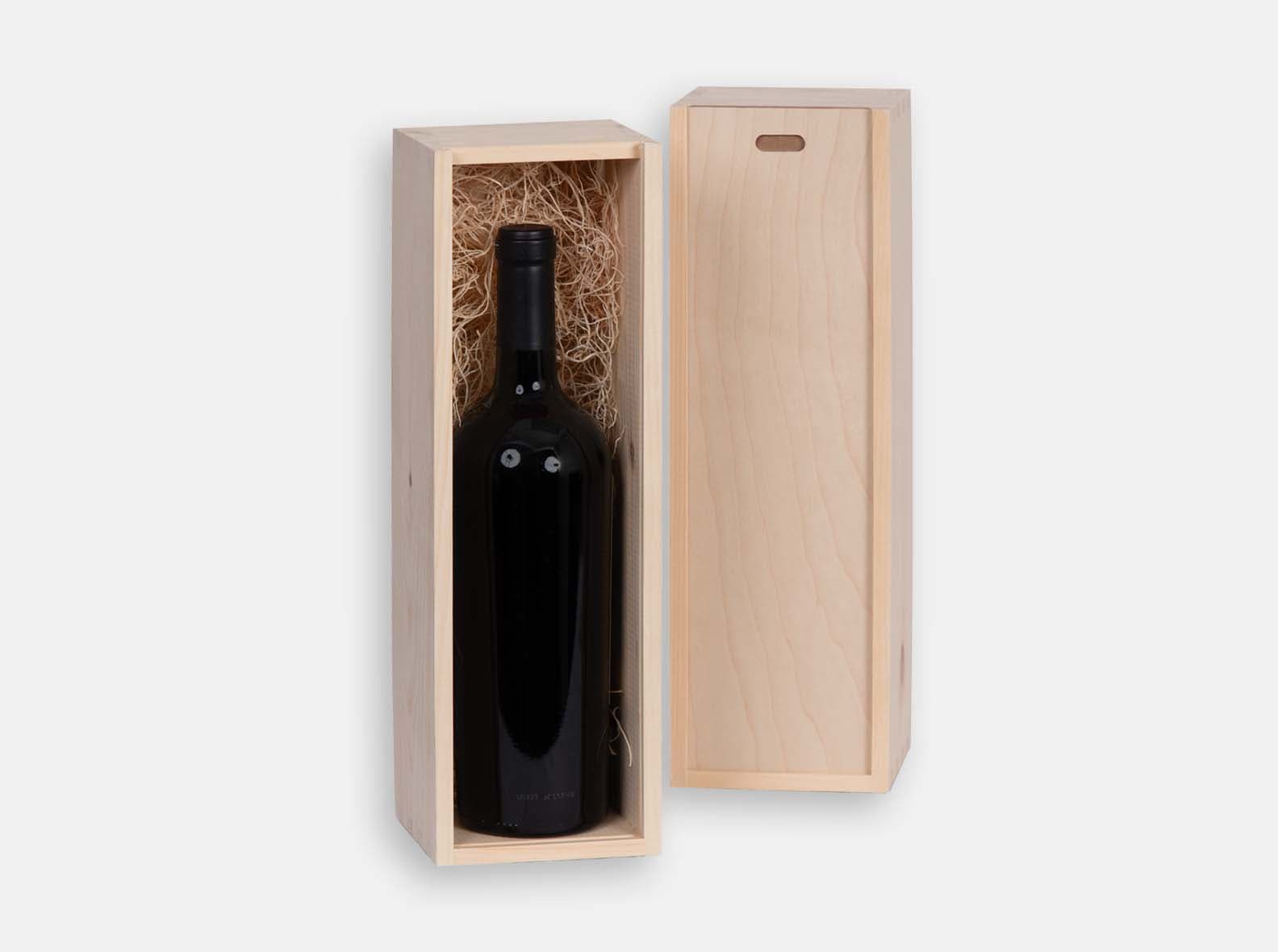 Single wooden wine gift box with sliding lid. Wood excelsior included. Box joint construction. Laser engraving or wood imprint logo branding for corporate promotion. Made in Canada.