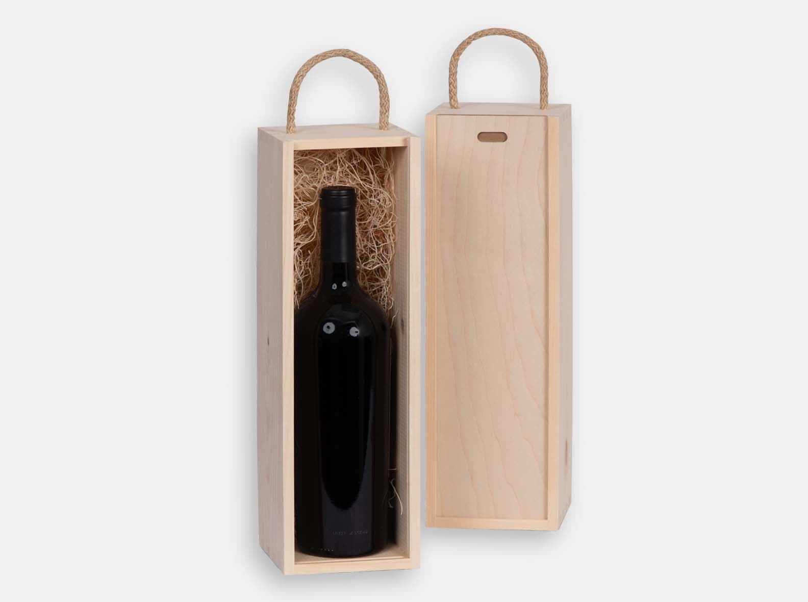 Single wooden wine gift box with braided natural jute handle and sliding lid. Wood excelsior included. Box joint construction. Laser engraving or wood imprint logo branding for corporate promotion. Made in Canada.