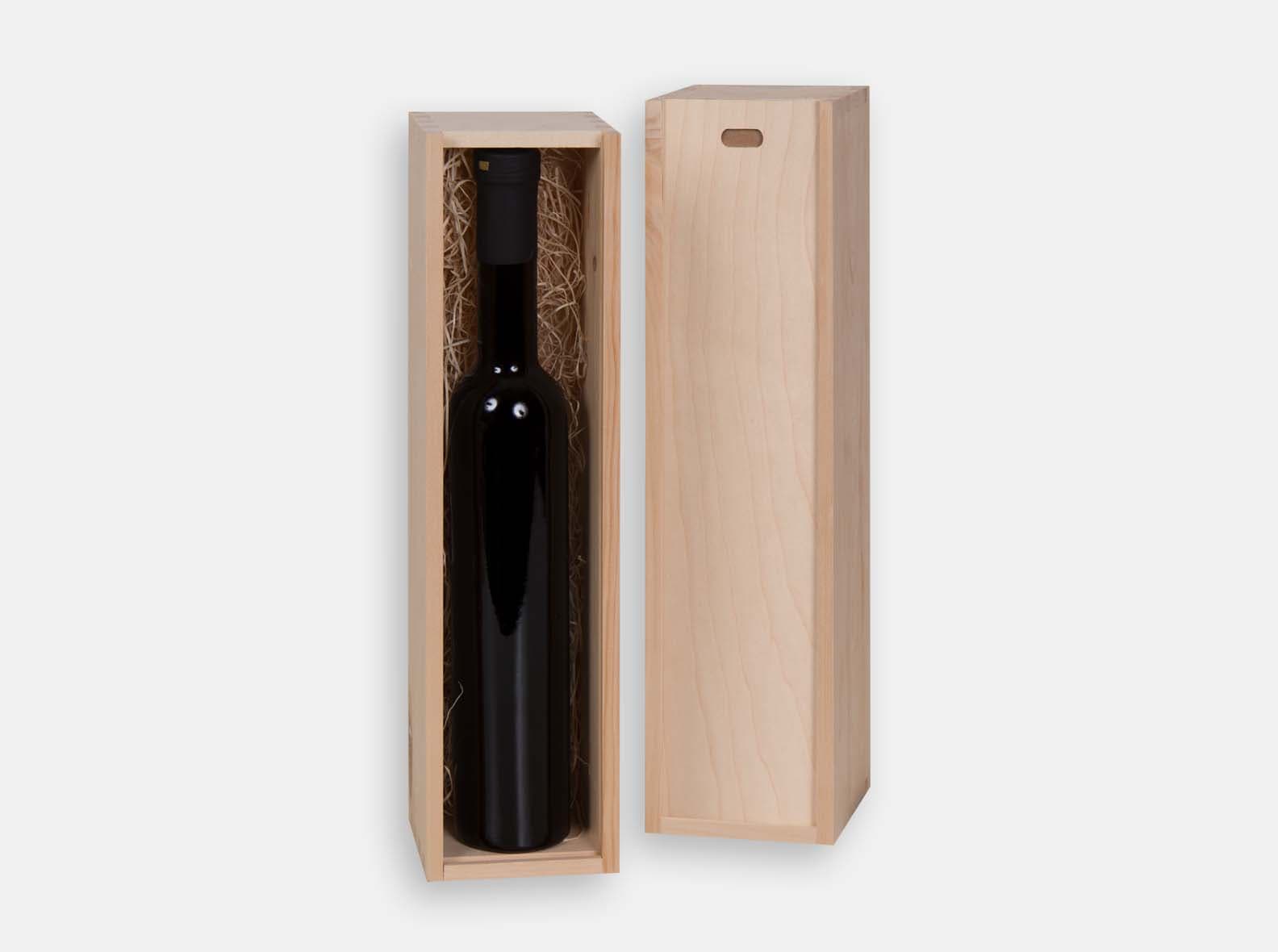 Single wooden icewine gift box with sliding. Box joint construction. Laser engraving or wood imprint logo branding for corporate promotion. Made in Canada.
