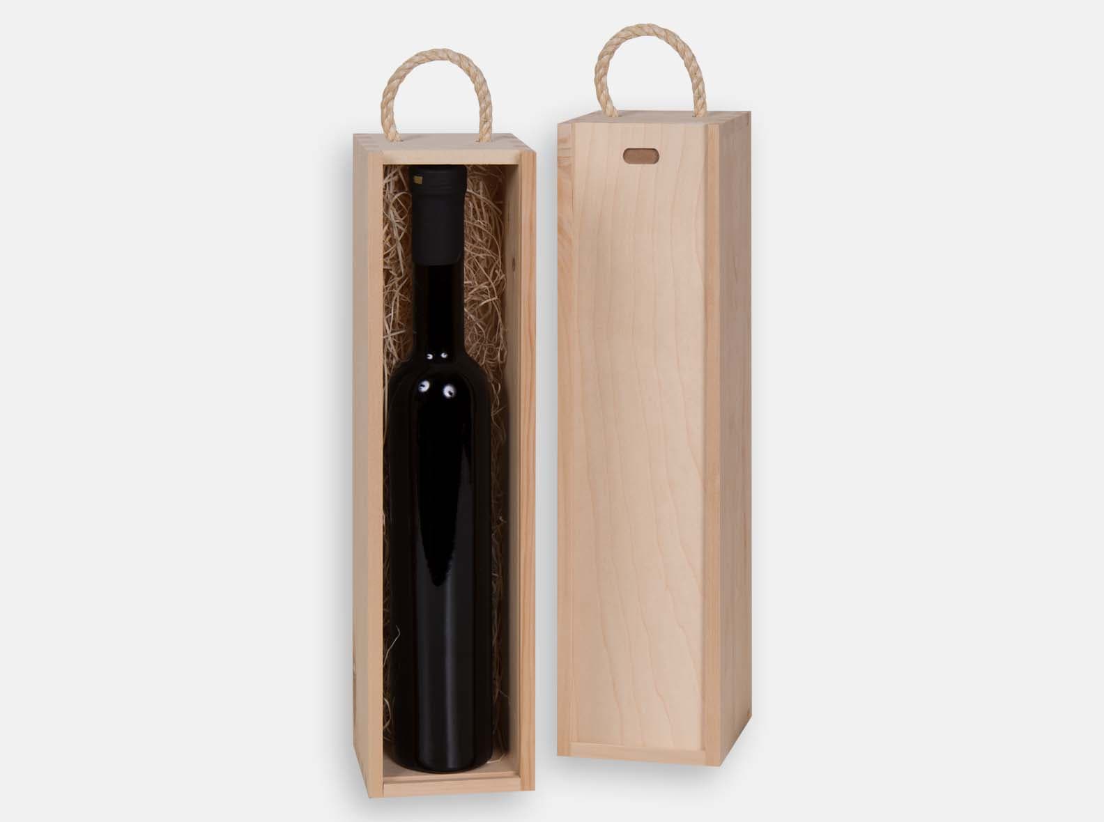 Single wooden icewine gift box with sliding lid and braided natural jute handle. Box joint construction. Laser engraving or wood imprint logo branding for corporate promotion. Made in Canada.