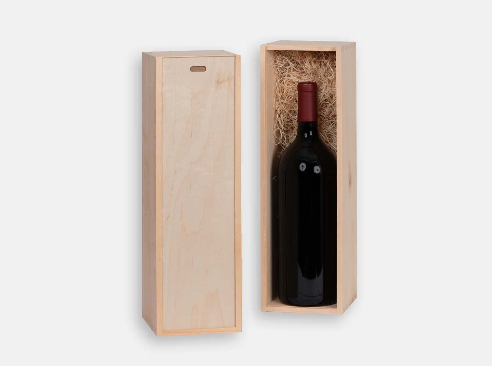 Wooden gift box with sliding lid for magnum wine bottle. Wood excelsior included. Box joint construction. Laser engraving or wood imprint logo branding for corporate promotion. Made in Canada.