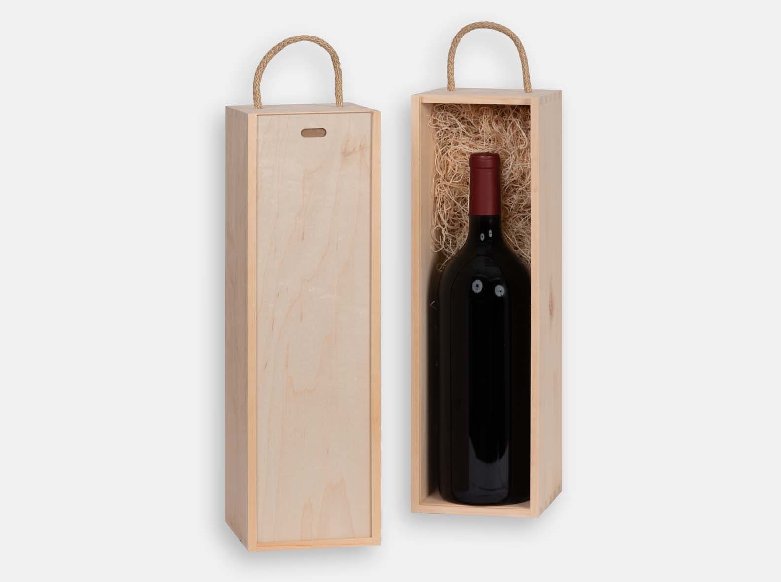 Wooden gift box with sliding lid and braided natural jute handle for magnum wine bottle. Wood excelsior included. Box joint construction. Laser engraving or wood imprint logo branding for corporate promotion. Made in Canada.