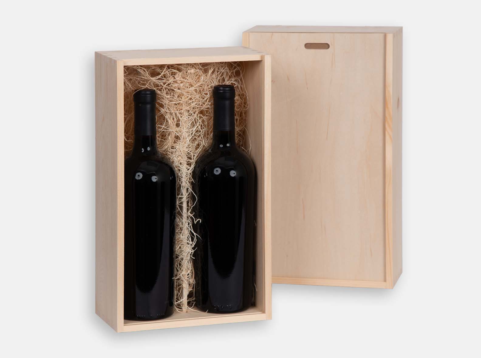 Standard wooden gift box for two wine or spirits bottles. Box joint construction with removable divider. Wood excelsior cushioning included. Customization with laser engraving or wood imprint branding for corporate promotion. Made in Canada.