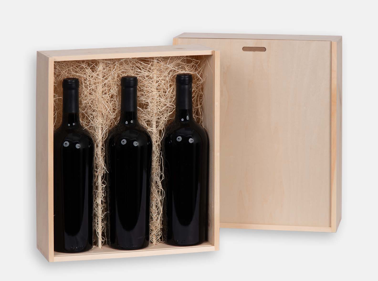 Wooden gift box with sliding lid for 3 wine bottles or spirits bottles. Box joint construction. Wood excelsior and removable dividers included. Wood imprint logo branding or laser engraving for corporate promotion. Made in Canada.