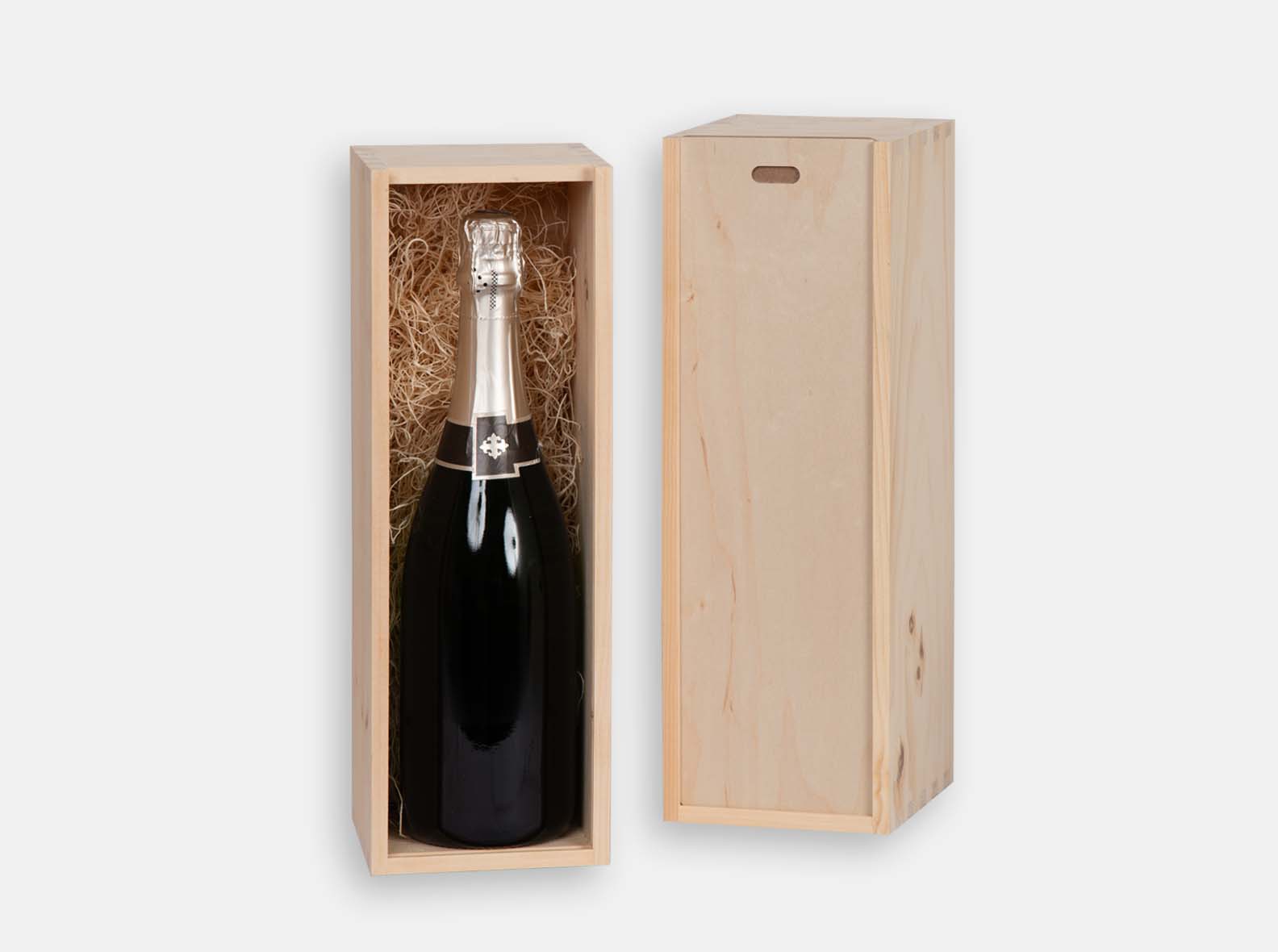 Single wooden gift box with sliding lid for champagne bottle. Wood excelsior included. Box joint construction. Wood imprint logo branding or laser engraving for corporate promotion. Made in Canada.