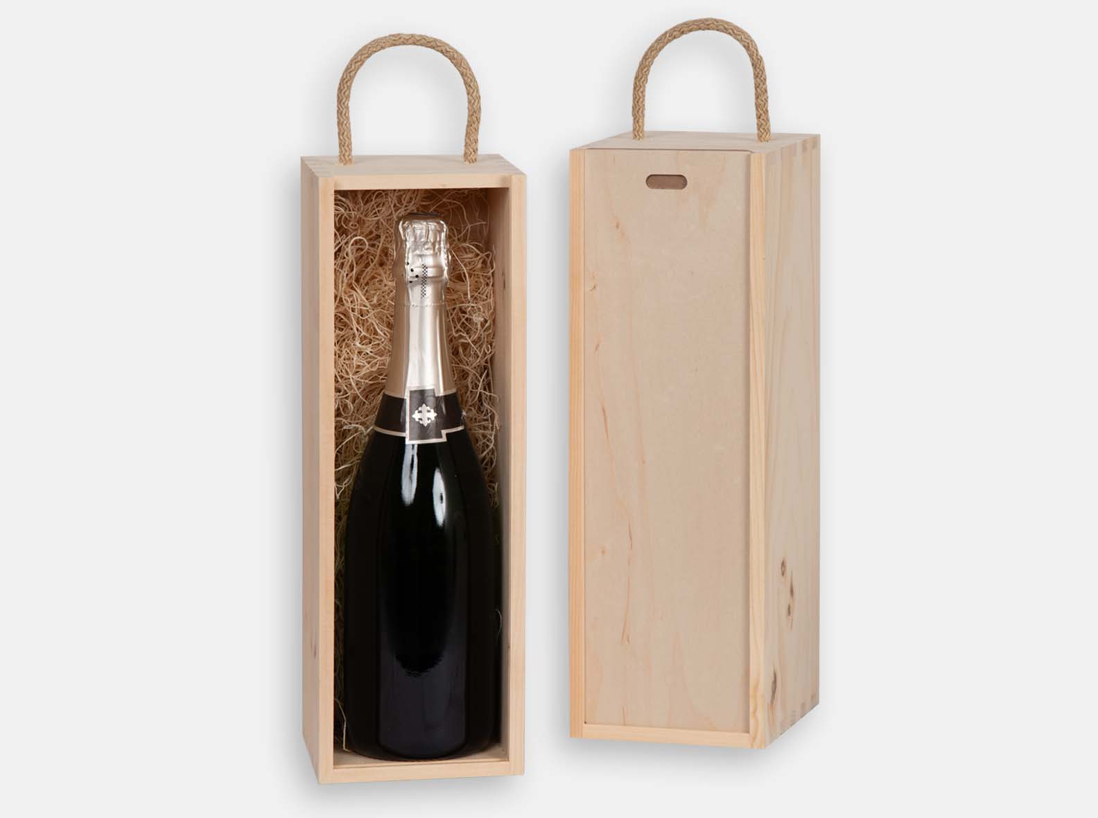 Single wooden gift box with sliding lid and braided natural jute handle for champagne bottle. Wood excelsior included. Box joint construction. Wood imprint logo branding or laser engraving for corporate promotion. Made in Canada.