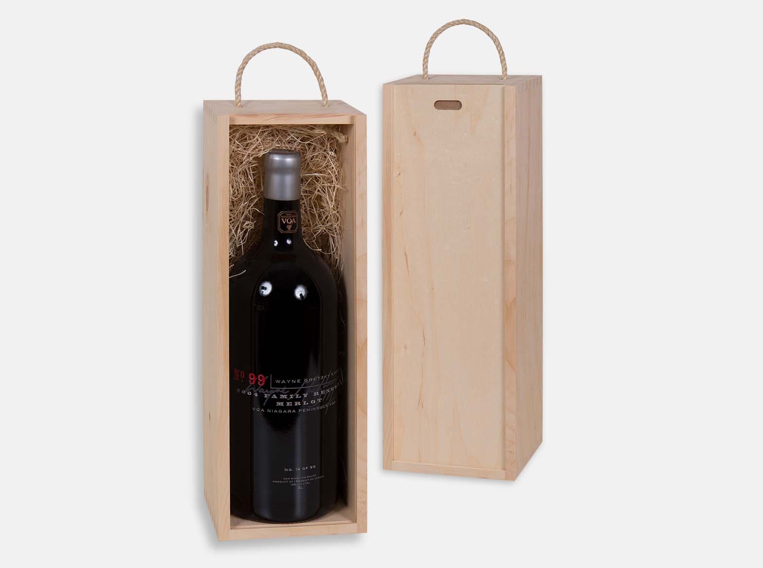 Wooden gift box with sliding lid for 3 litre wine bottle. Braided natural jute handle. Box joint construction. Wood excelsior included. Wood imprint branding or laser engraving for corporate promotion. Made in Canada.