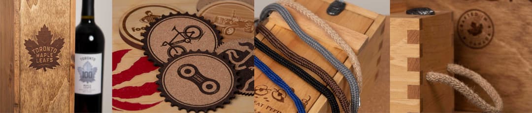 Examples of custom wine box branding, laser-cut coasters, and rope handle accessories