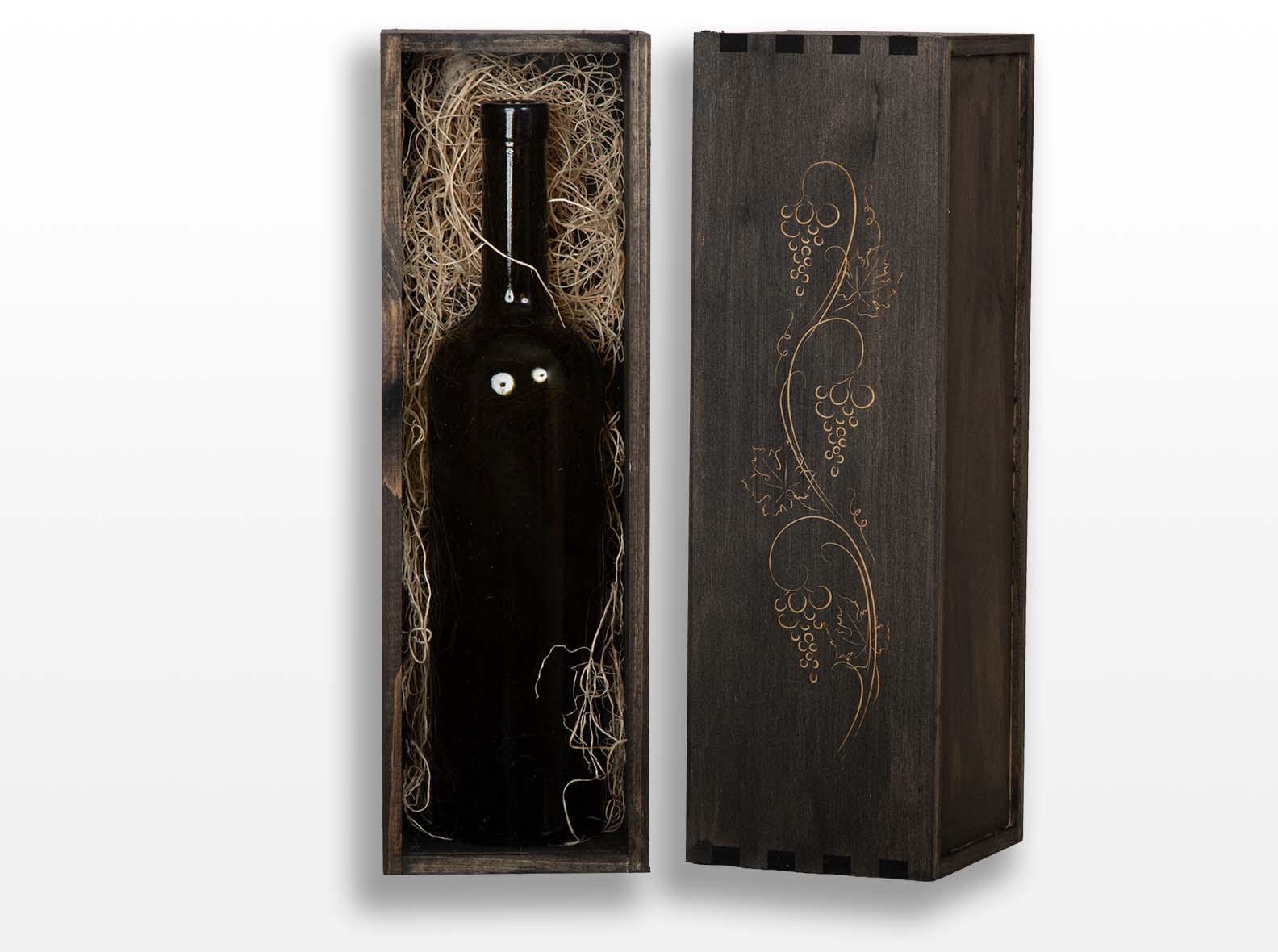 Onyx stain on single wood box with laser engraving. Wood excelsior included. Box joint construction.
