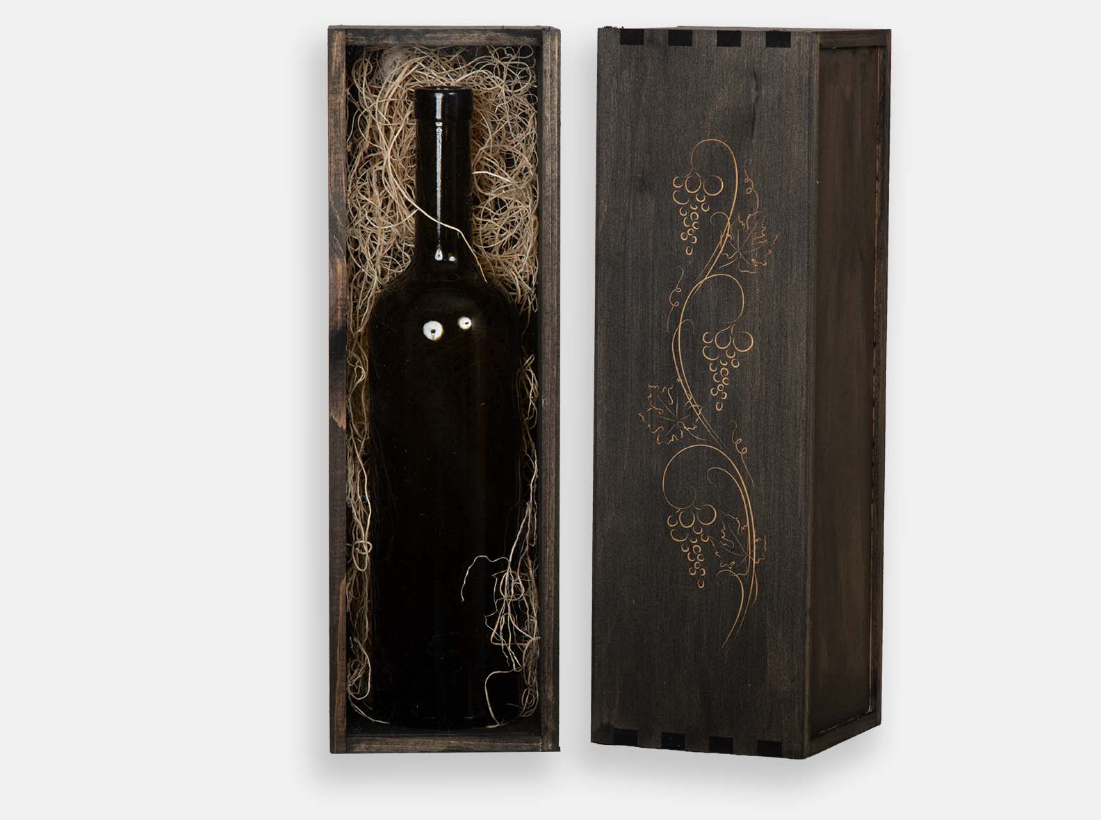 Onyx stain on single wood box with laser engraving. Wood excelsior included. Box joint construction.
